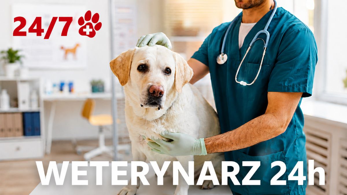 Lekarz weterynarii badający psa rasy Labrador Retriever, w tle sprzęt medyczny i napis weterynarz 24h.