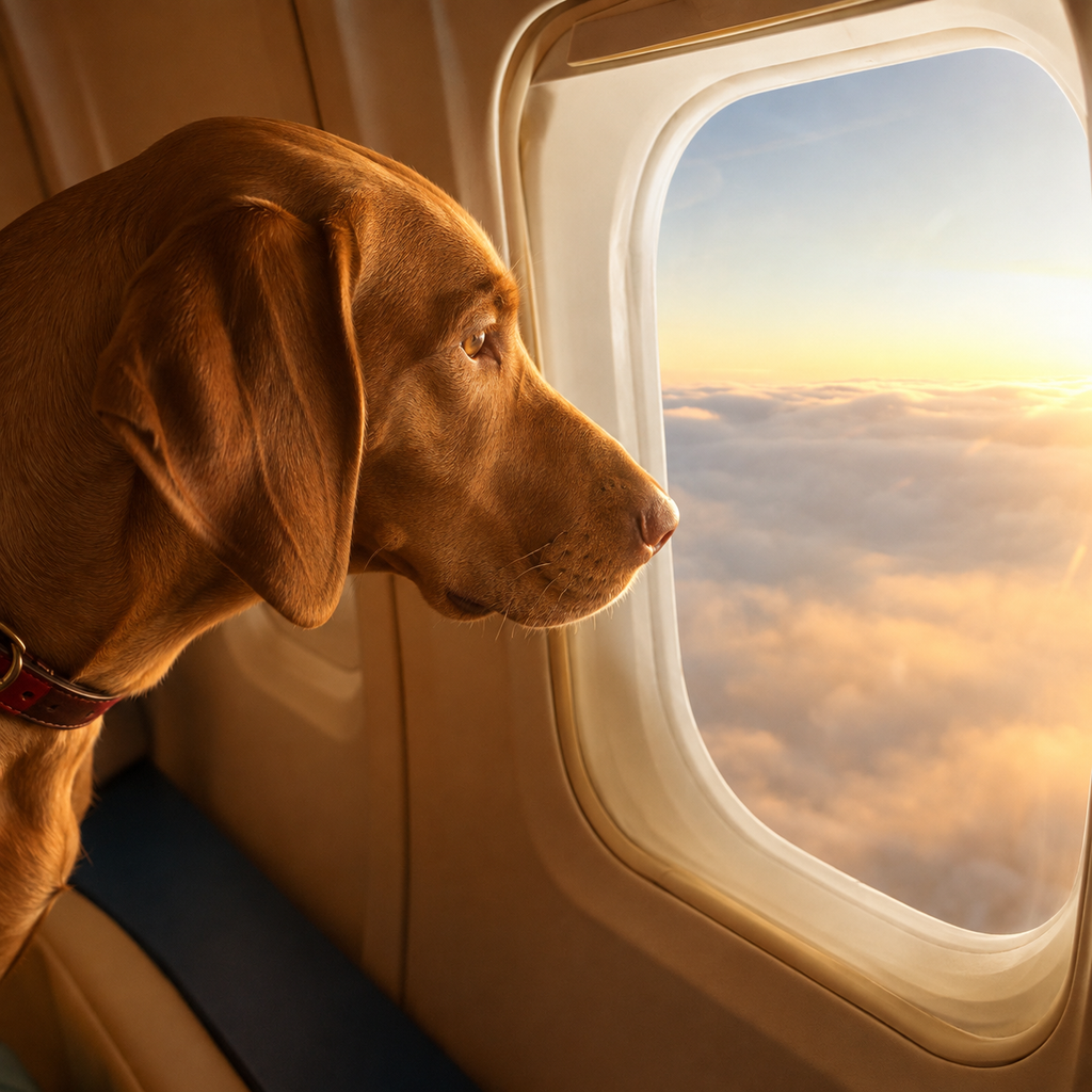 Rudowłosy pies rasy wyżeł węgierski (vizsla) patrzy przez okno samolotu na chmury podczas wschodu słońca.