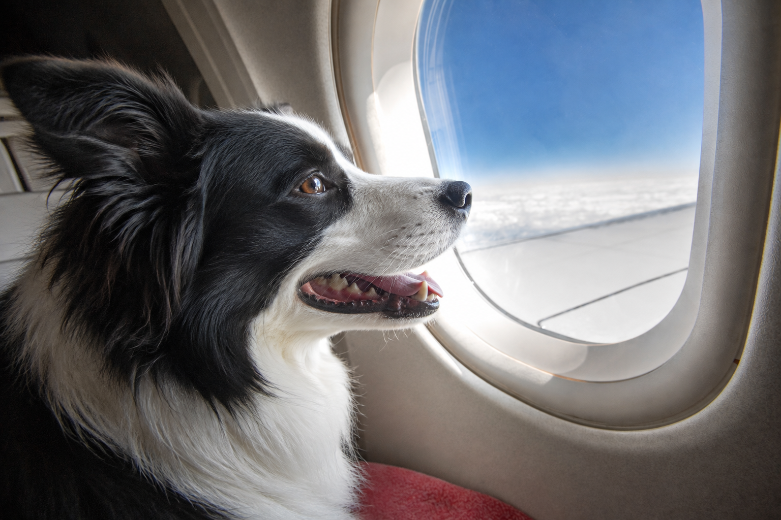 Pies rasy border collie wyglądający przez okno w samolocie – przepisy dotyczące przewozu zwierząt