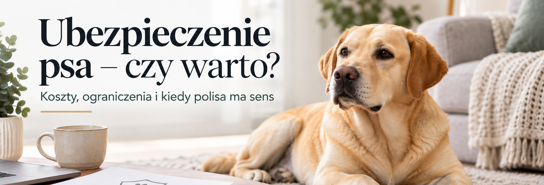 Labrador leżący w domu obok dokumentów ubezpieczeniowych – ubezpieczenie psa